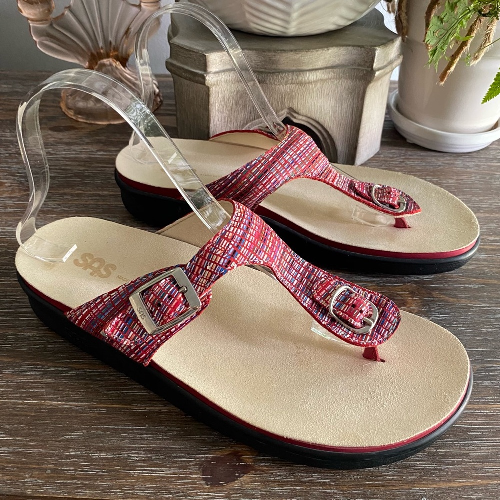 NEW SAS Sanibel T-Strap Sandal Slide Slip On Diabetic Shoe Womens 10 Rainbow Red - Picture 4 of 8